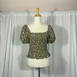 ZARA green floral shirred puff sleeve top